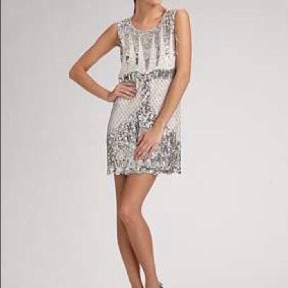 BCBG Silver/White Woven Sequin 1920s Slip Dress